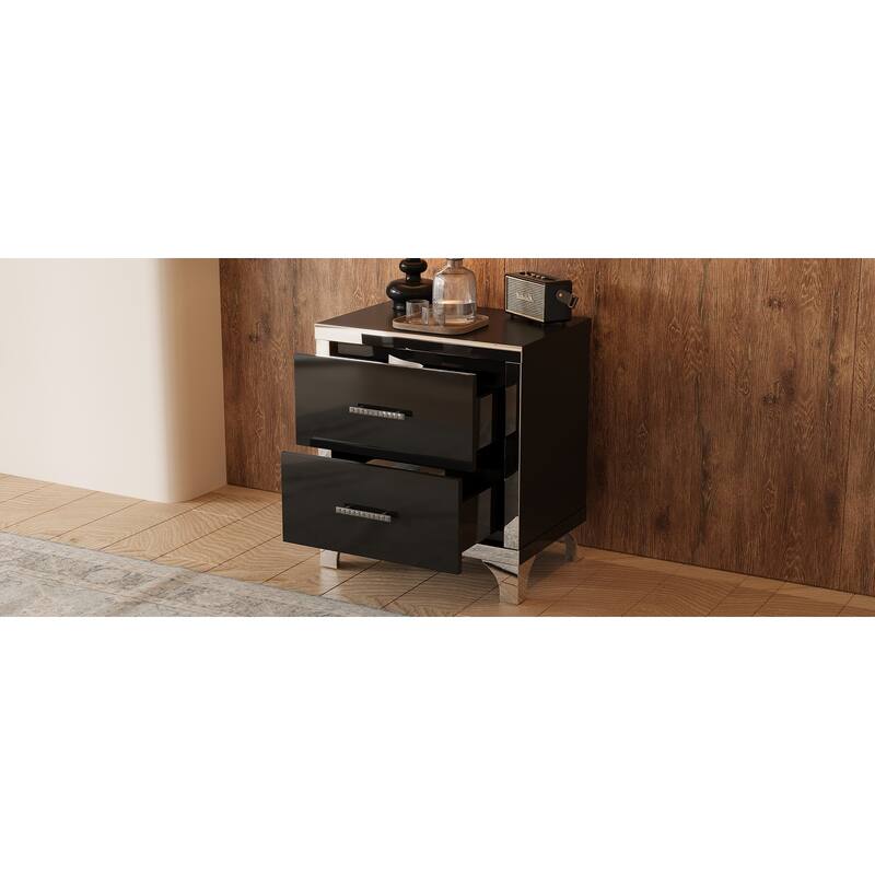 Elegant High-Gloss Mirrored 2-Drawer Nightstand - Metal Handle Bedside Table for Bedroom/Living Room (Black)