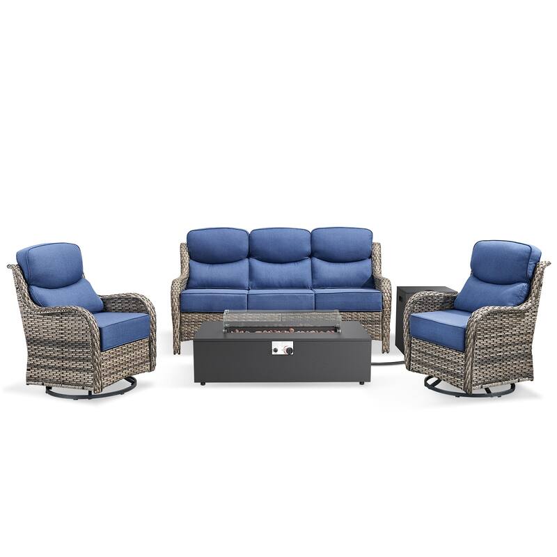 Pocassy 43" Fire Pit w/ Outdoor Sofa Swivel Chair Ottoman Set