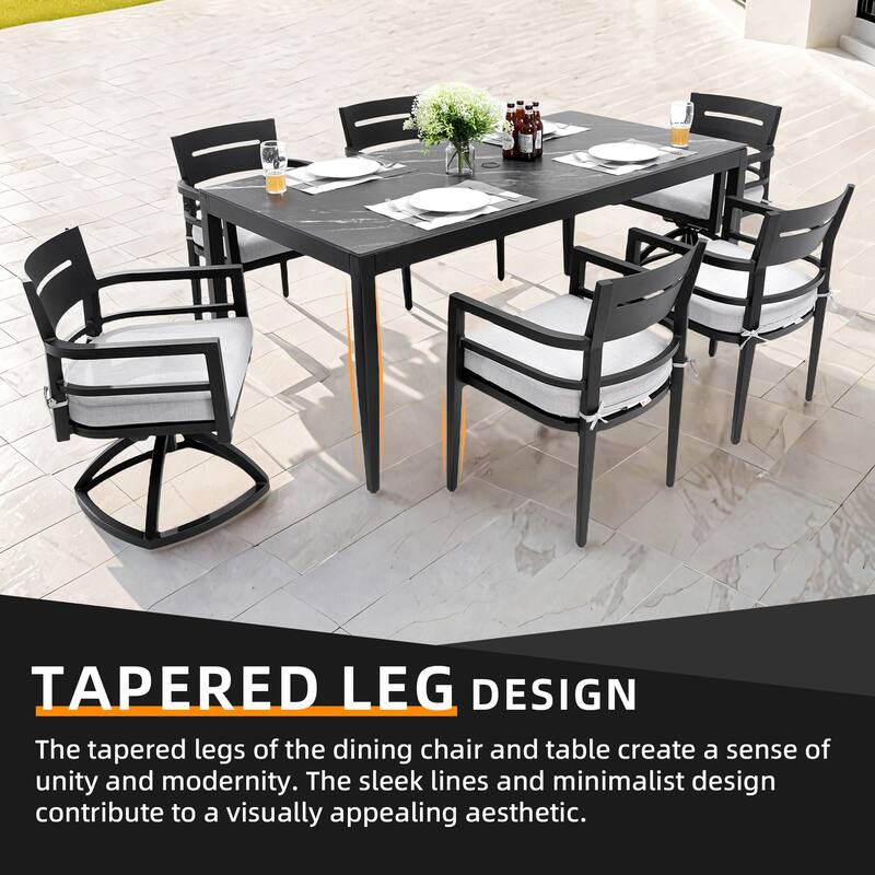 7-Piece Outdoor Patio Aluminum Dining Set with Marble-pattern Tabletop, 2 Swivel Rocker & 4 Armchairs, Umbrella Hole