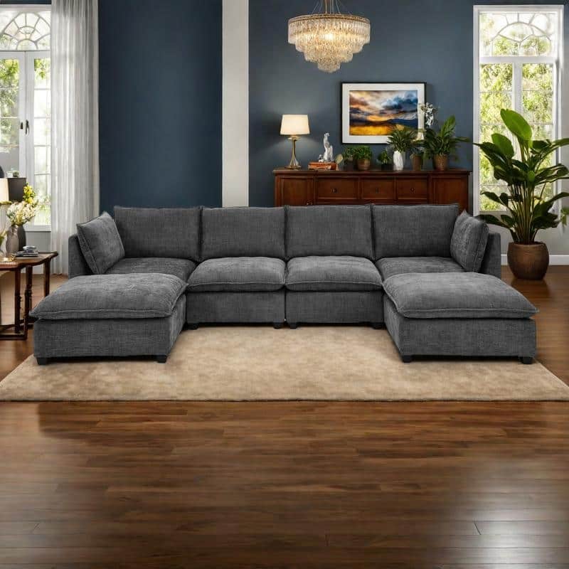 105" Chenille 4-Seat Cloud Sectional Sofa with 2 Ottomans, 30" Deep Seats & Throw Pillows