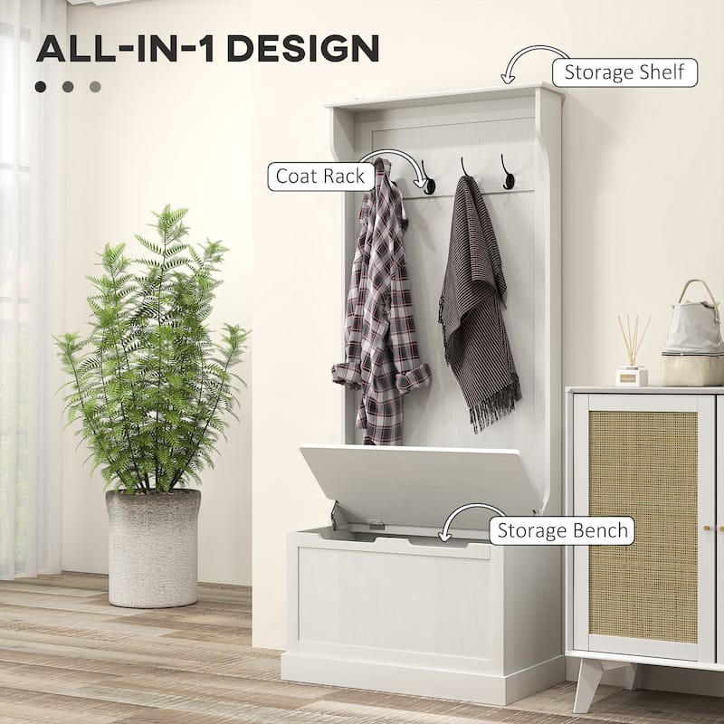 Multifunctional Hall Tree with Storage Bench, Coat Hooks & Shoe Storage MDF Wood Steel Hardware - 28.25" W x 15.5" D x 67" H