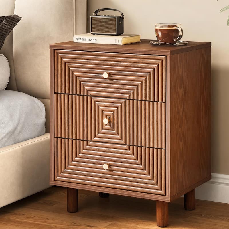 Brown 3-Drawer Nightstand with Solid Wood Legs - Brown