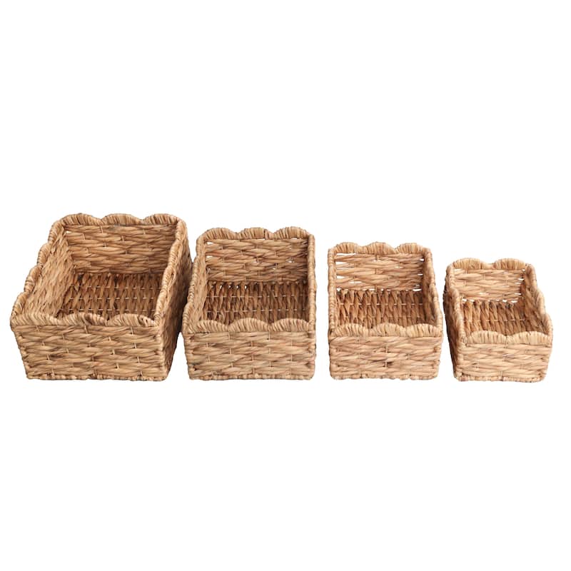 Coral Handwoven Water Hyancinth Scalloped Edge Nesting Storage Baskets (Set of 4)