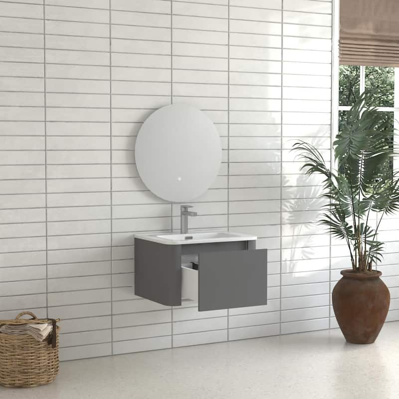 24" Grey Wall Mounted Bathroom Vanity With Basin Floating Vanity Drawer Bathroom Cabinet With White Ceramic Integrated Basin