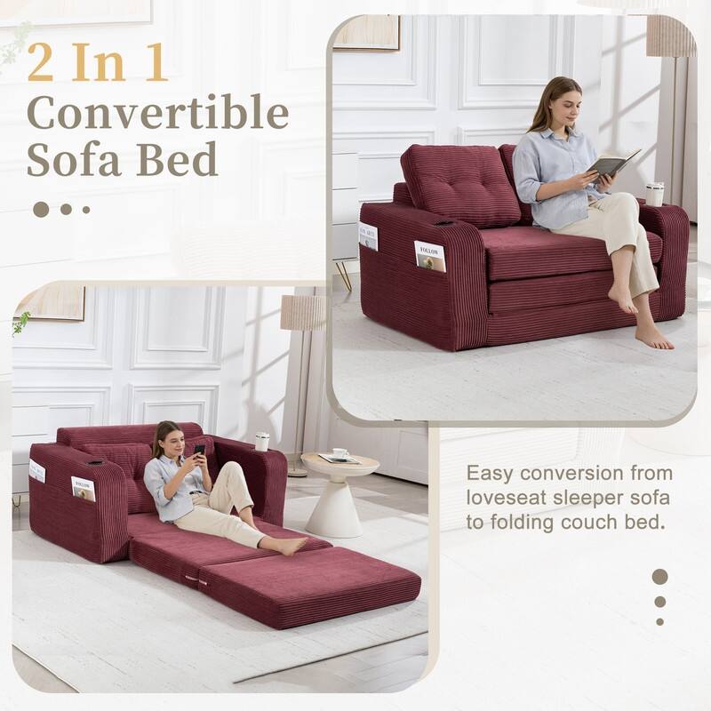HOMEFUN 2 in 1 Convertible Sofa Bed,Corduroy Upholstered Compressed Sofa Bed for Living Room