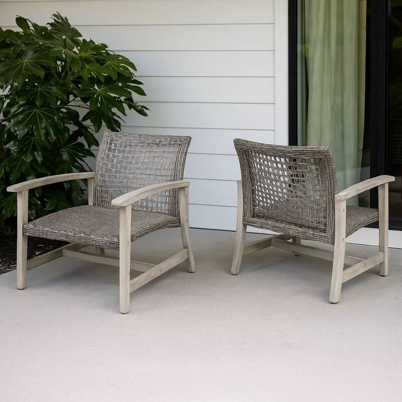 Bops Outdoor Club Chair Set of 2, Graywash Acacia Wood, Gray Wicker