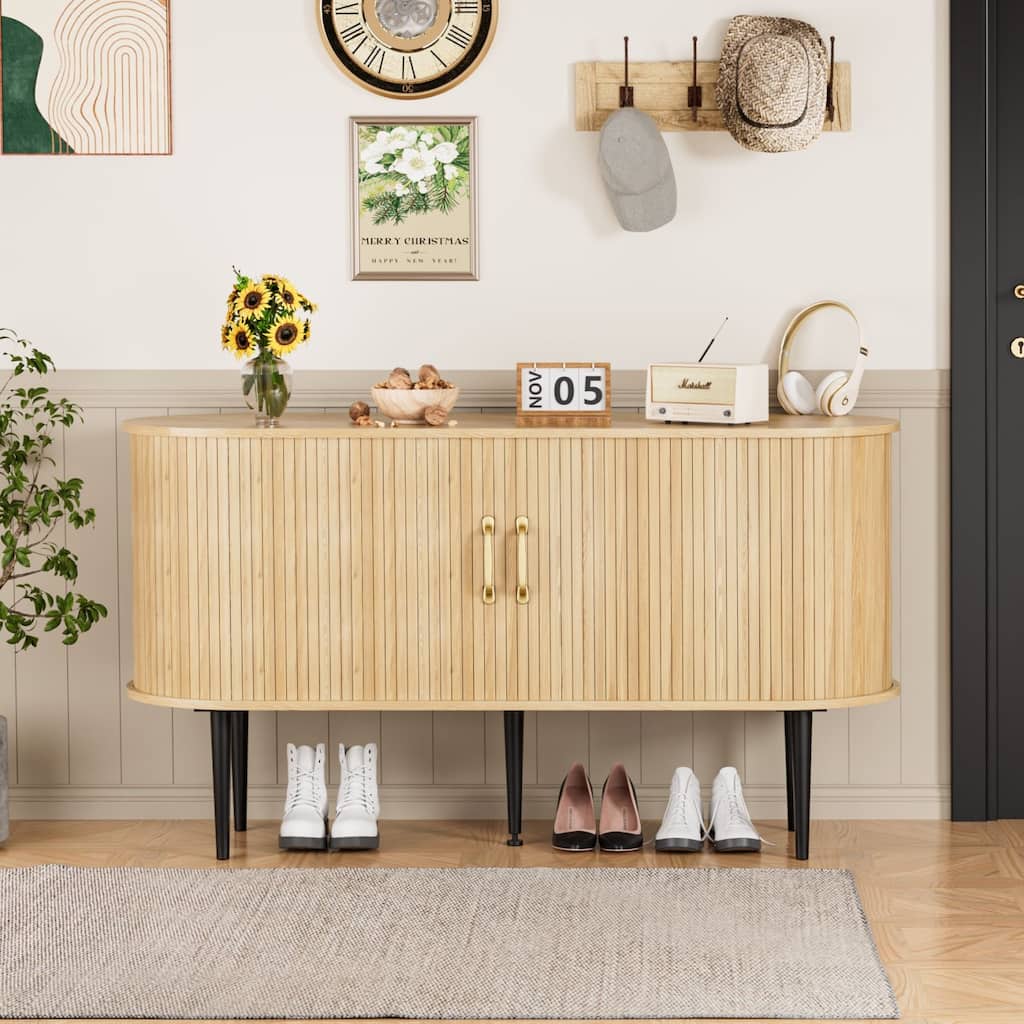 VEIKOUS Buffet Cabinet with Anti-Tipping Design, Sturdy MDF Storage Sideboard with Curved Profile, Ample Space & Sliding Doors