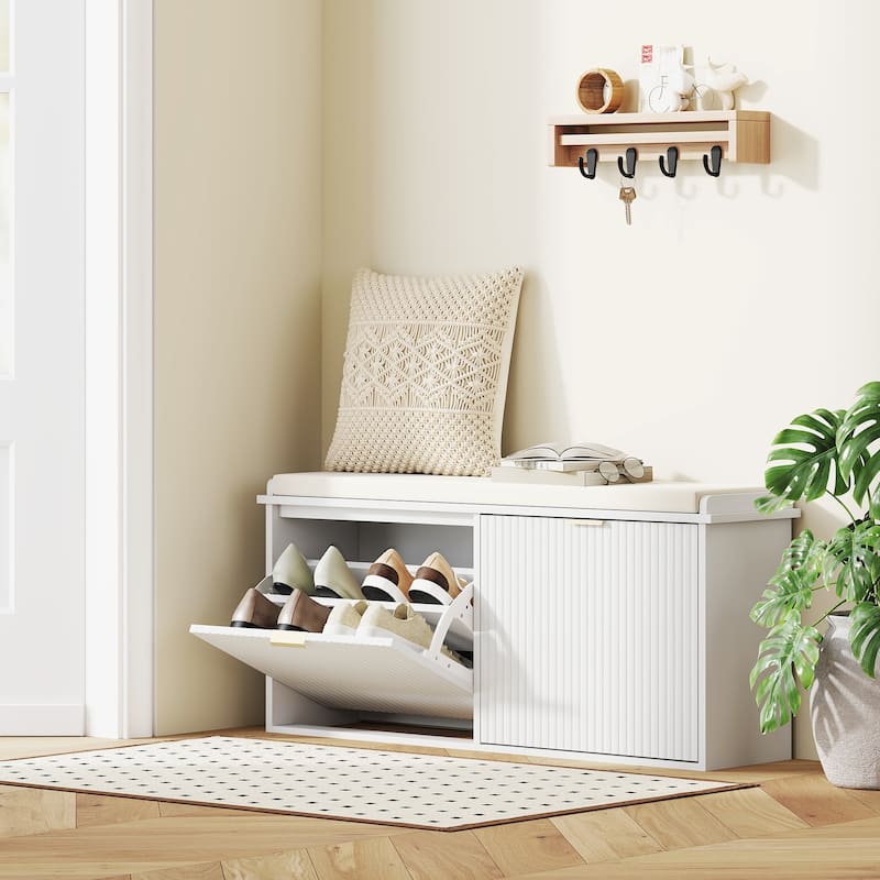 Cushion Seating Shoe Bench with Storage Drawers and Beadboard Panel Perfect Holds Up to 10 Pairs - 40.9" W x 10.2" D x 18.7" H - White-Beige