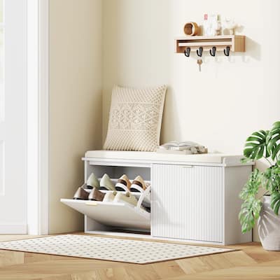 Cushion Seating Shoe Bench with Storage Drawers and Beadboard Panel Perfect Holds Up to 10 Pairs - 40.9" W x 10.2" D x 18.7" H