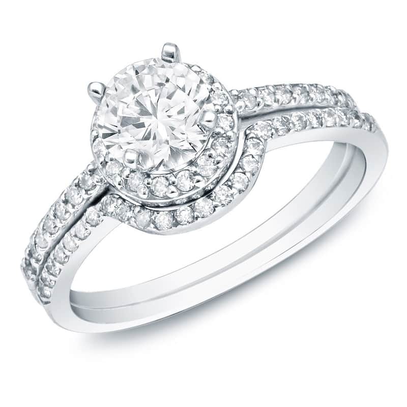 14k Gold 1ct TDW Certified Round Diamond Halo Engagement Ring Set by Auriya - 4 - White