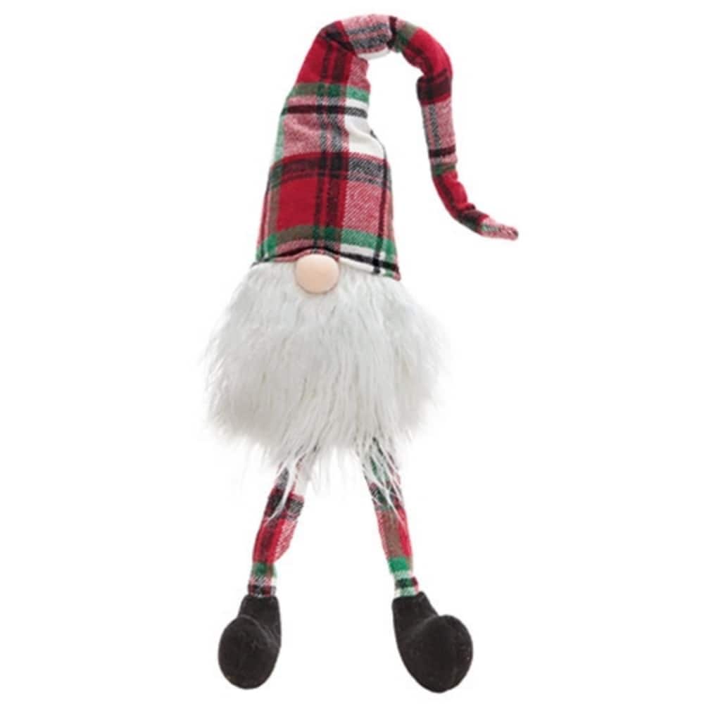 Large Christmas Gnome Decoration with Long Plaid Legs Red Green Holiday Table Accent - 33.65" H x 5.25"Dia