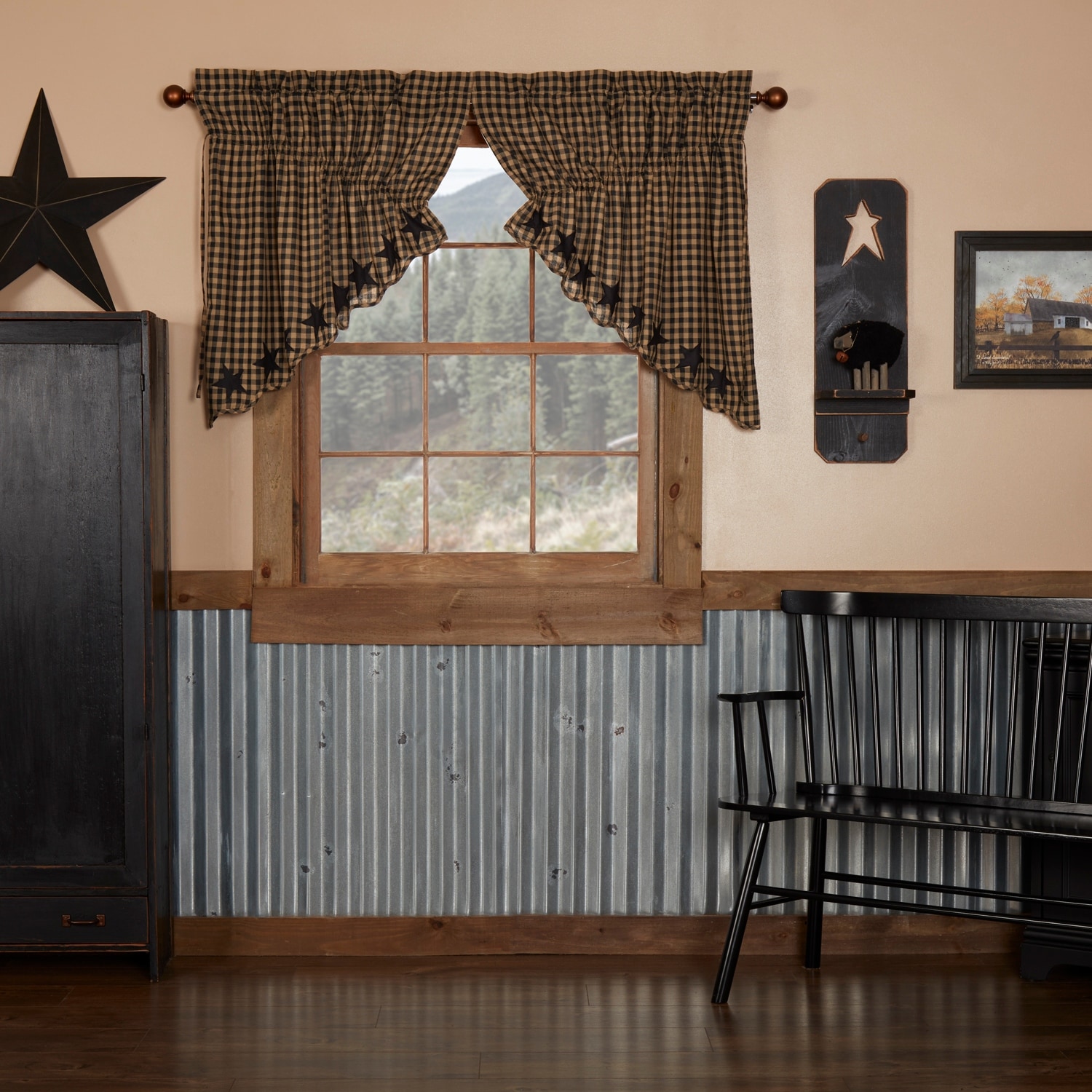 Primitive Kitchen Curtains VHC Star Prairie Swag Star Appliqued - Prairie Swag 36x36x18
