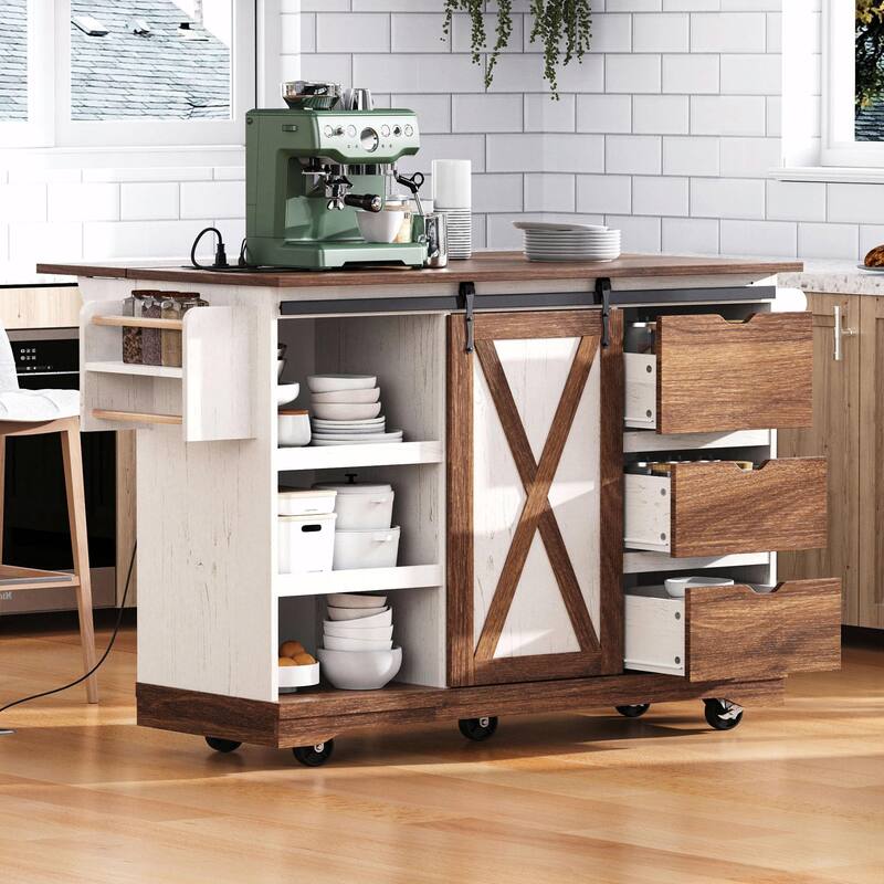 55.5" Farmhouse Kitchen Island with Drop Leaf, Barn Door Storage, Power Outlet