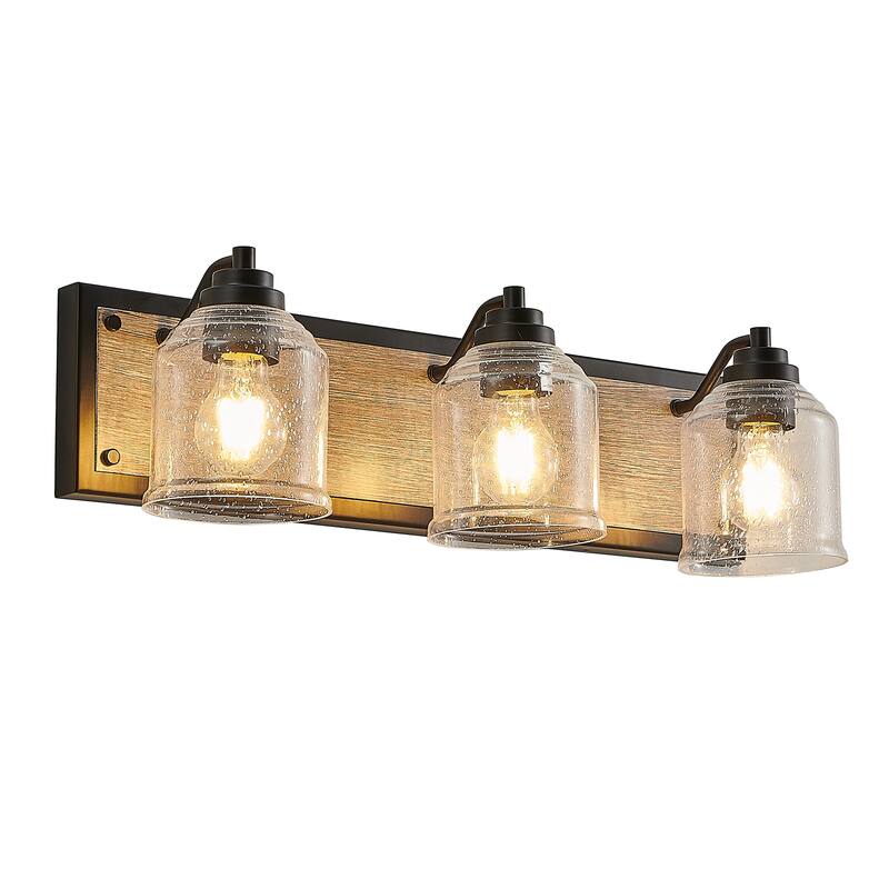 23" Farmhouse Vanity Light Fixture, 3-Light Bathroom Wall Sconce with Clear Seeded Glass Shades, Black and Wood Grain Finish