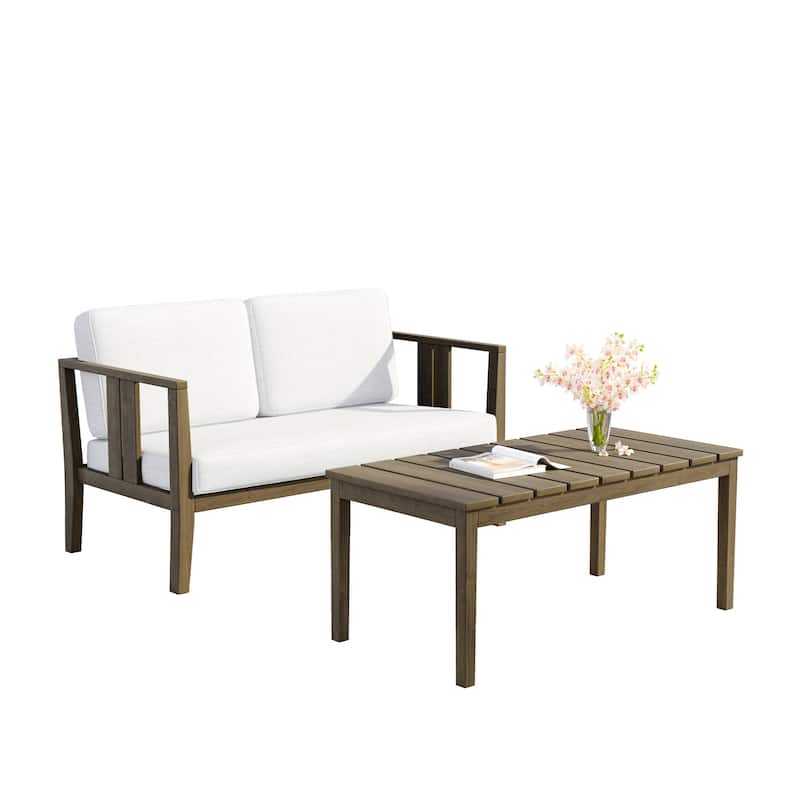 Uixe Teak Patio Loveseat with Coffee Table Outdoor Conversation Set