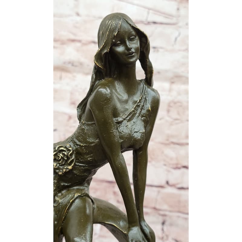 Art Nouveau Bronze Girl On Swing Sculpture – Marble Base Figurine