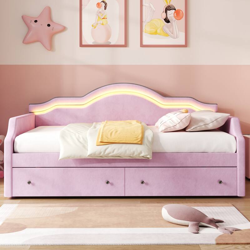 Upholstered Daybed with 2 Drawers, Wave Backrest Frame with Ambient Lighting, No Box Spring Needed Storage Sofa Bed