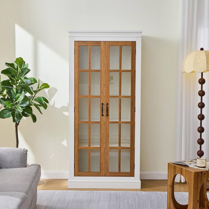 71.2'' Freestanding Pantry Cabinet with Glass Door, Farmhouse Display Cabinets with Adjustable Shelevs