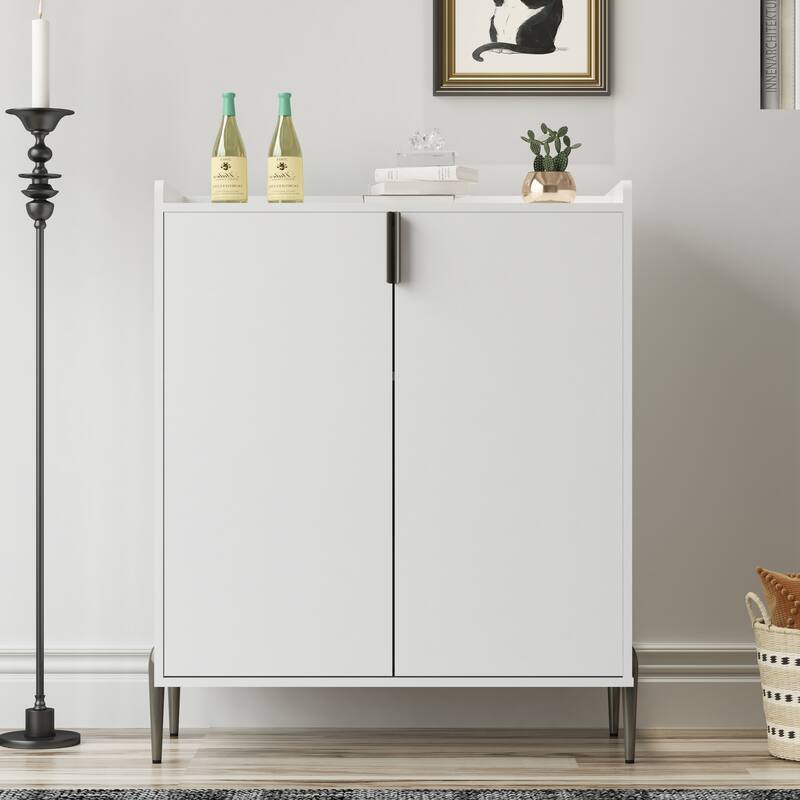 2 doors home wine bar cabinet with wine rack & adjustable storage shelf, modern sideboard with soft-closing hinge - White