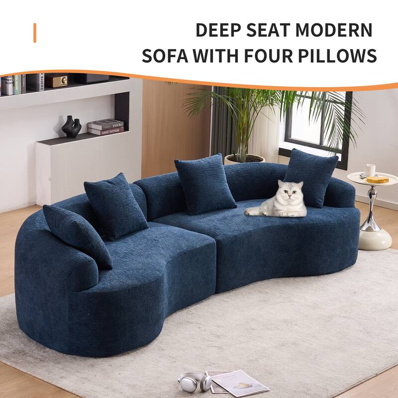 Full Compression Sponge Chenille Curved Sleeper Sofa Couch with 4 Pillows