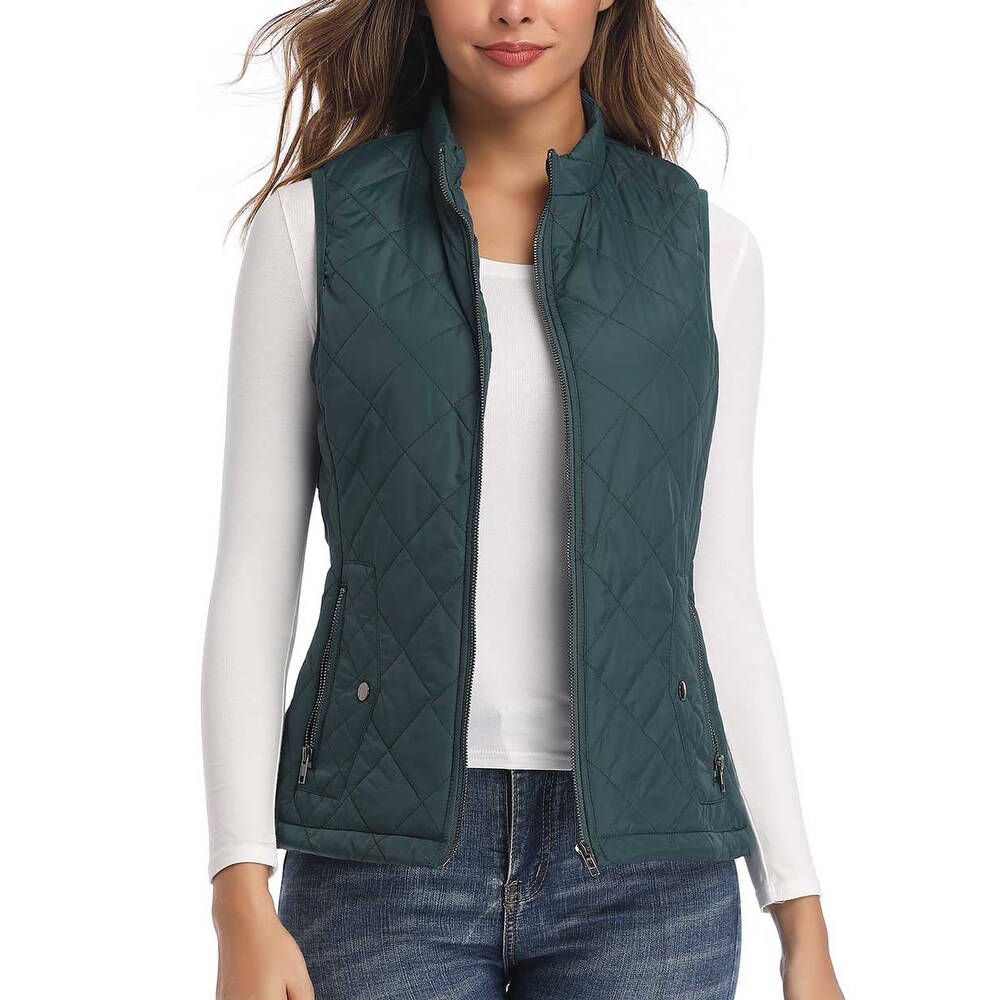 Cicilin Womens Quilted Padded Long Gilet Waistcoat Stand Collar Zip Padded Sleeveless Vest Coat Jacket
