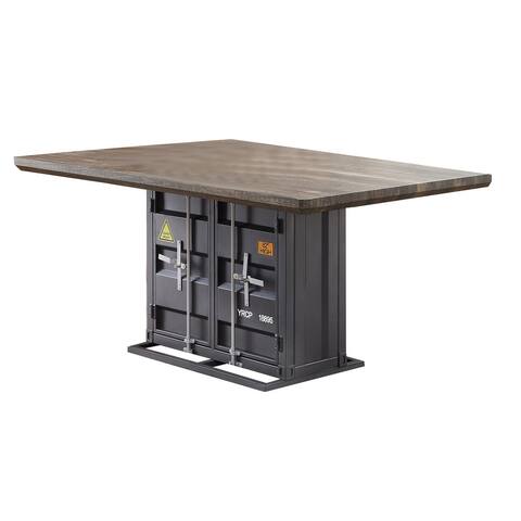 Industrial Dining Table with Metal Base and Recessed Panels, Brown and Gray