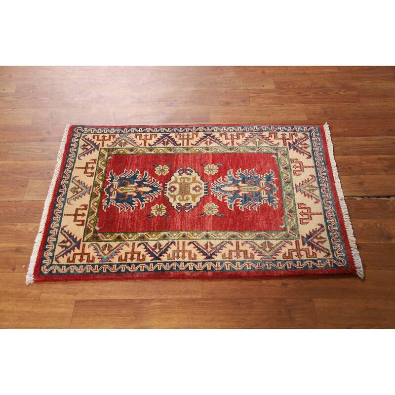 Geometric Red Kazak Oriental Rug Handmade Traditional Wool Carpet - 2'0" x 3'0"