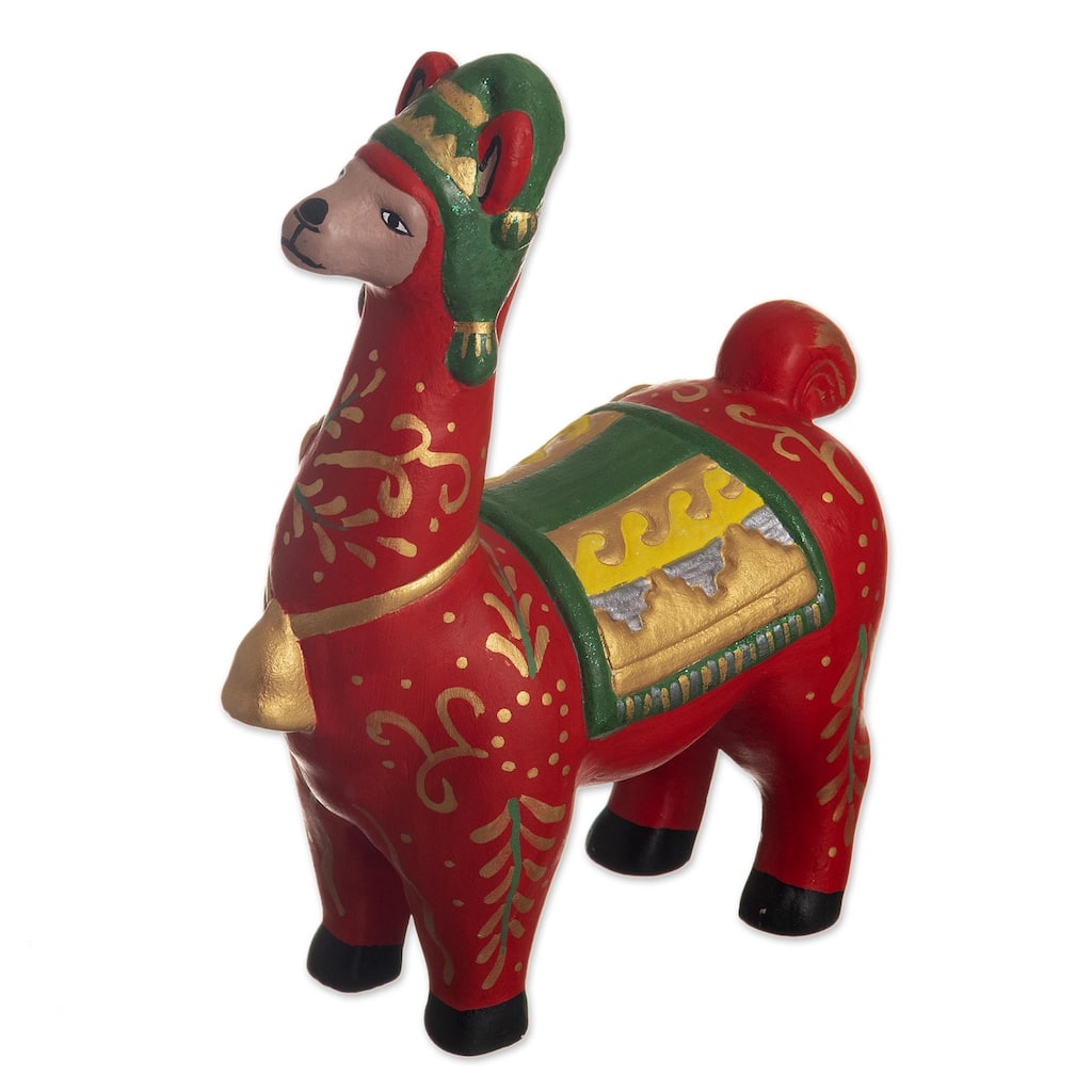 Novica Handmade Holiday Llama In Red Ceramic Statuette