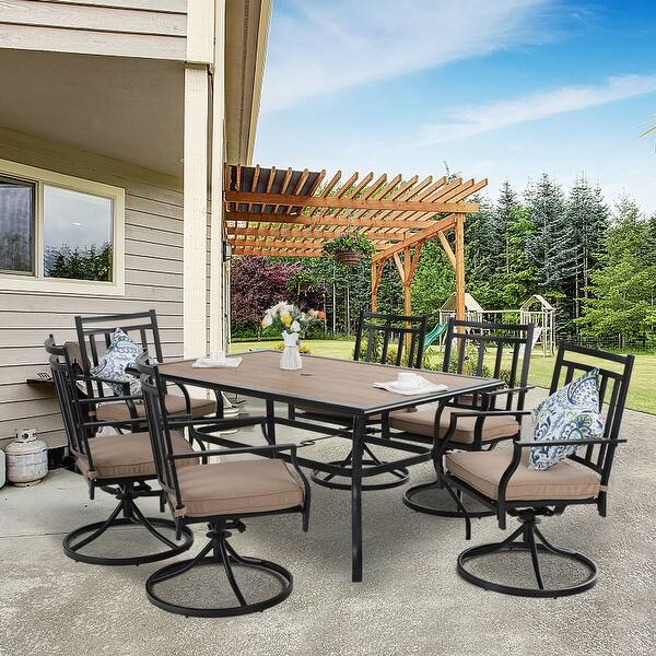 Mfstudio Patio Dining Set 7 Pieces Metal Furniture Set Outdoor 6 X Swivel Chairs With 1 Wood Like Umbrella Table Overstock 32531420