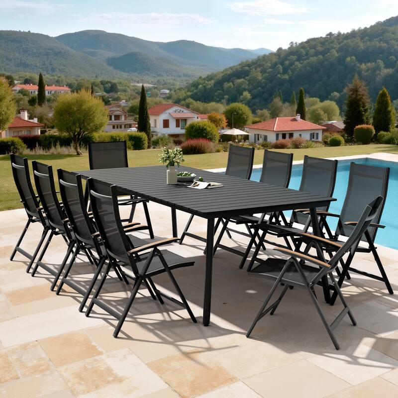 11PC Outdoor Patio Dining Set Aluminum Umbrella Hole Table with Folding Chairs - Black