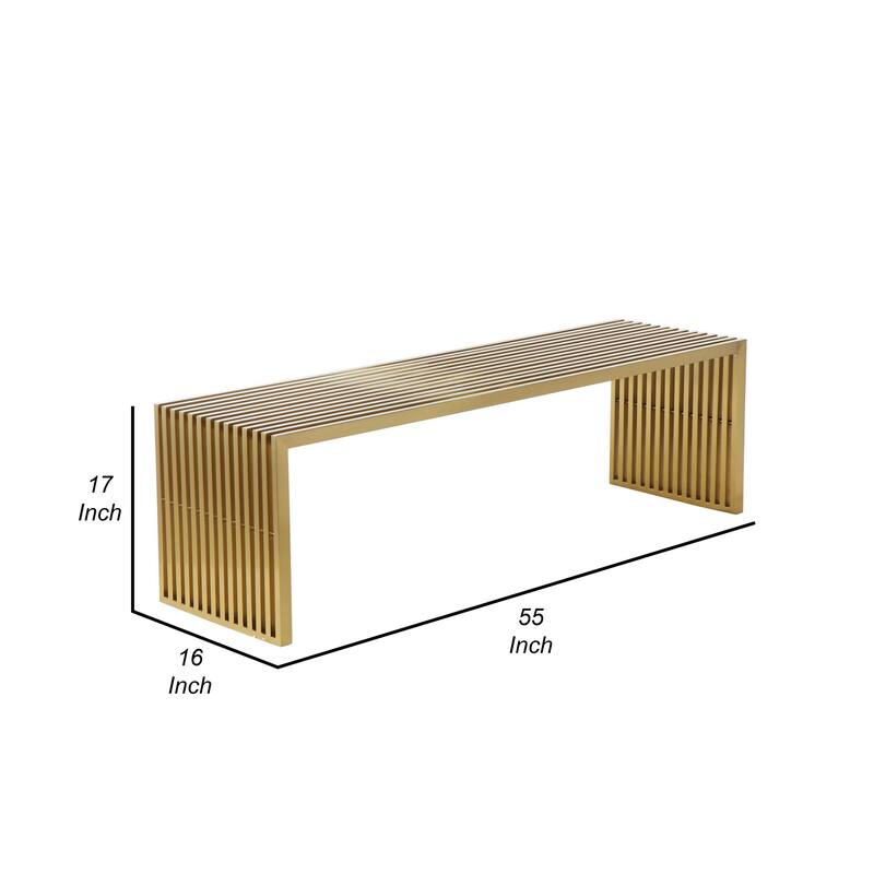 Niki 55 Inch Accent Bench, Slatted, Rectangular, Luxurious Brushed Gold