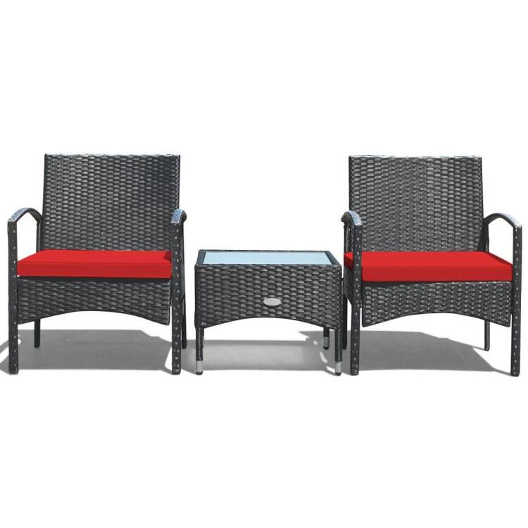 3 Pieces Patio Wicker Rattan Furniture Set with Cushion for Lawn Backyard - 19.5" x 19.5" x 15" (L x W x H)