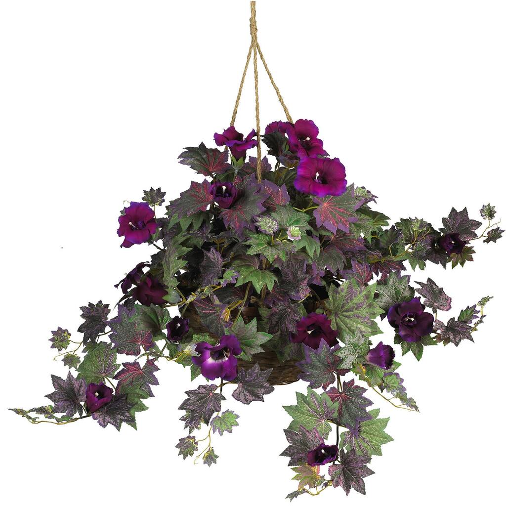 Silk Hanging Basket Plant - Indoor Outdoor Decor - Wicker Basket - 32" Morning Glory - Home Accent