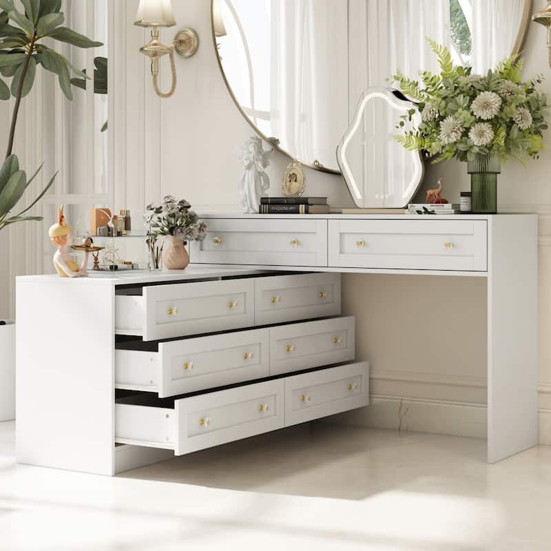 White Dresser & Vanity Set Luxurious Storage with Crystal Accents Desk