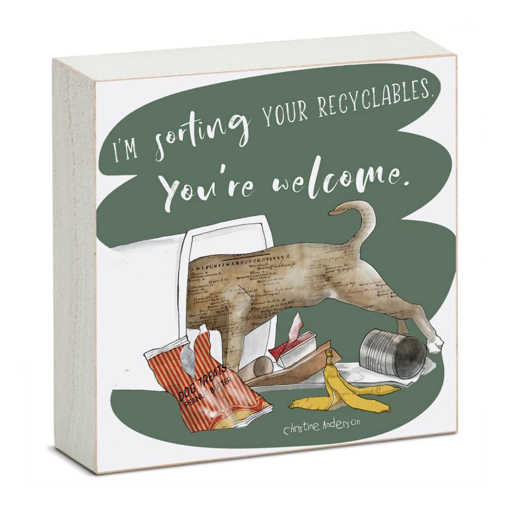Recyclables Artistic Freestanding Solid Wood Block Sign Made in the USA 3.75” Square Decorative Accent for Home or Office