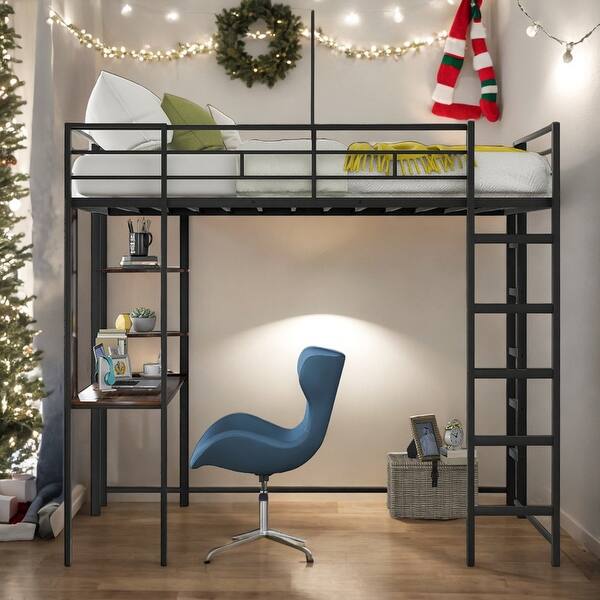 slide 2 of 43, Modern Full Size Loft Bed With 2 Shelves and one Desk For Bedroom,Dorm,Kids
