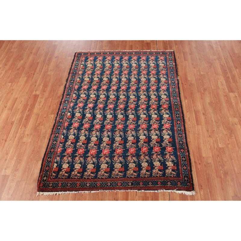 Hand Knotted Oriental 100% Wool Carpet Traditional All-Over Navy Blue & Blues Senneh Area Rug - 6' 3'' X 4' 3''