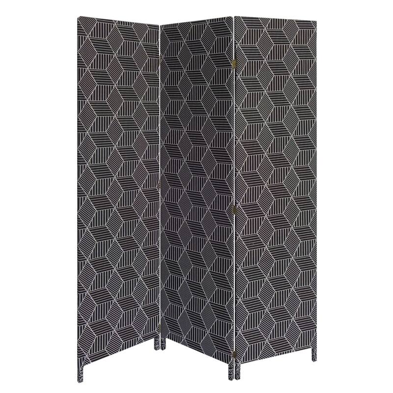71 Inch 3 Panel Fabric Room Divider with Geometric Print, Black
