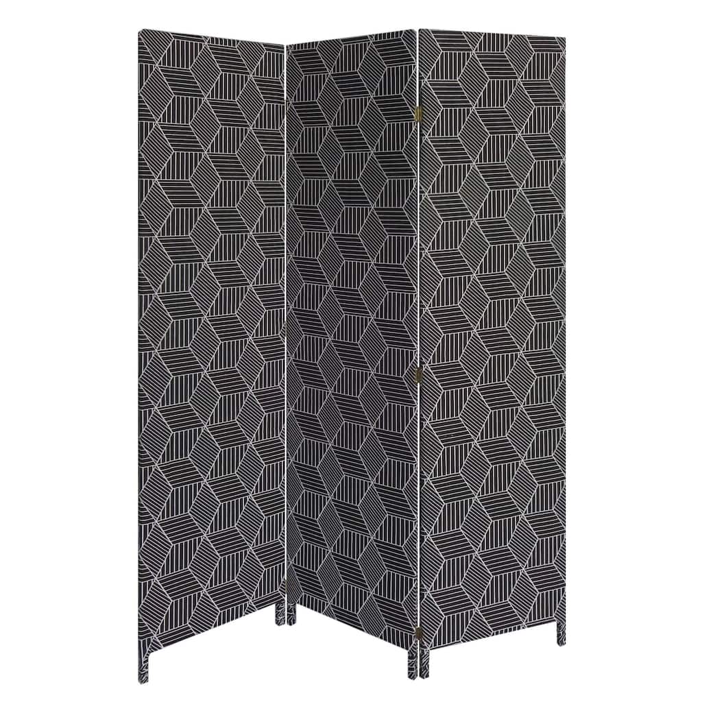 71 Inch 3 Panel Fabric Room Divider with Geometric Print, Black