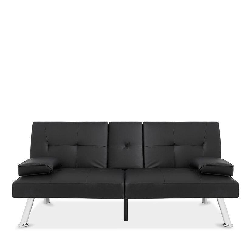 Faux Leather Cup Holders Convertible Sofa Bed Futon Sleeper - Black