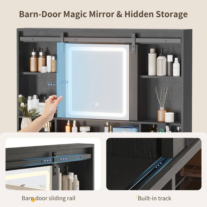 Vanity Desk Barn-Door Sliding Mirror & Power Outlet Glass Top
