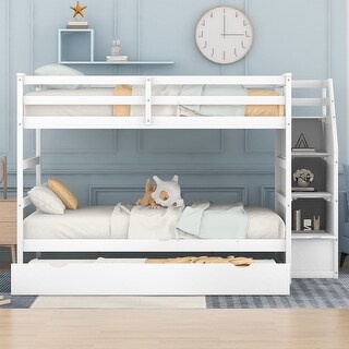 Bunk Bed with Trundle with Safety Guardrail and 3 Storage Stairs, Triple Bunk Multifunctional Space-Saving Solution for Bedroom