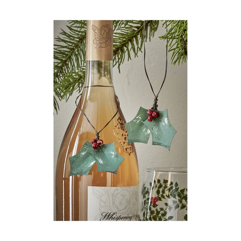 Holly & Berry Sprig Decorative Sculpture - Holiday Decor Botanical Accent - 5.5" H Multicolor Iron Christmas Decoration