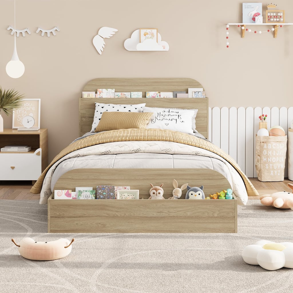 Twin Size Bed Frame, Wooden Beds with Storage Headboard and Raised-Foodboard, Floor Low Platform Bed