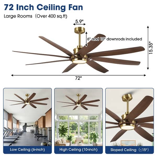 72" Gold Transitional Walnut 8 ABS Blades Propeller Ceiling Fan with Dimmable LED Light and Remote Control, DC Motor