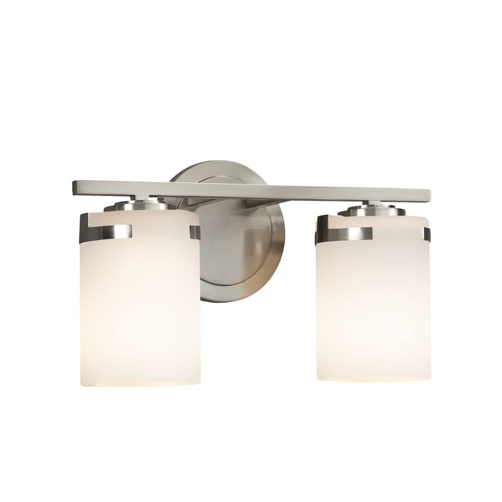 Justice Design Fusion Atlas 2-light Brushed Nickel Bath Bar, Opal Cylinder - Flat Rim Shade - Silver