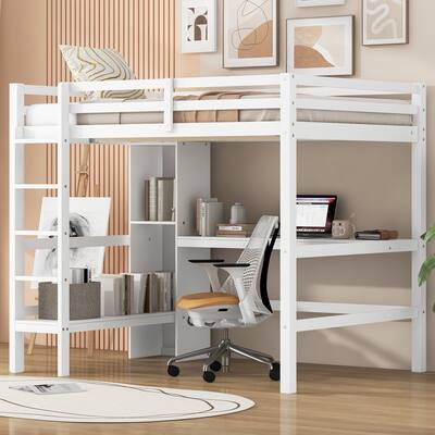 Full Size Loft Bed Wood Bed Frame Built-in Desk and Multifunctional Shelves No Box Spring Needed for Kids Teens Students