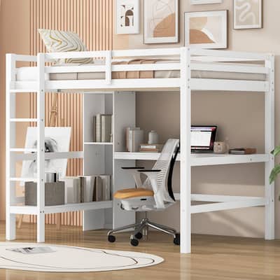 Full Size Loft Bed with Built-in Desk & Playable Shelf Bench by Harper&Bright Designs