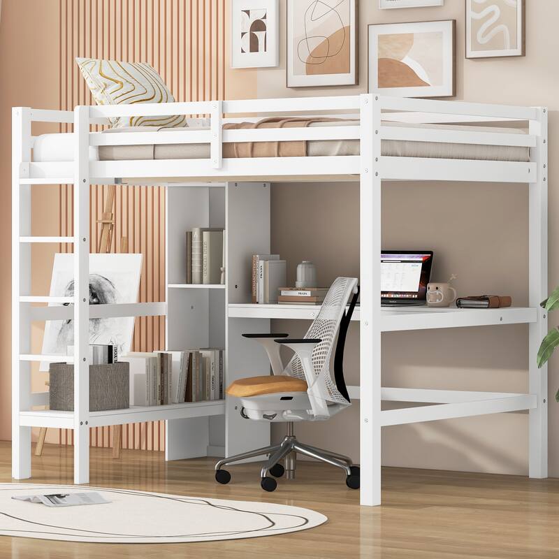 Full Size Loft Bed with Built-in Workstation - Under-Bed Desk & Storage Shelves, Great for Dorms & Small Bedrooms - White