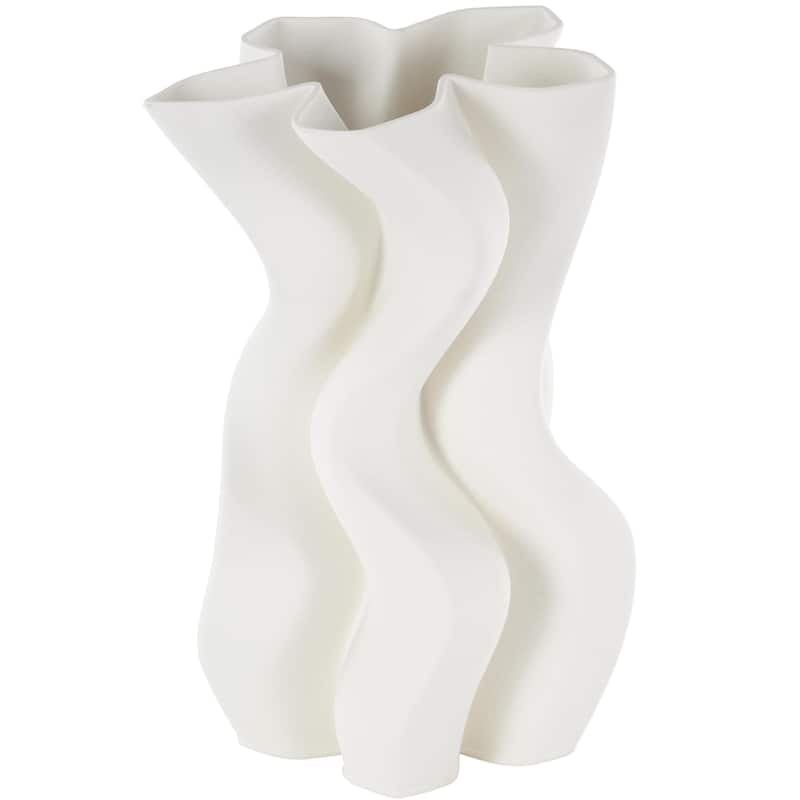 Ceramic Abstract Ribbed Dimensional Wavy Decorative Vase with Floral Shaped Rim - White - Roche River Decor